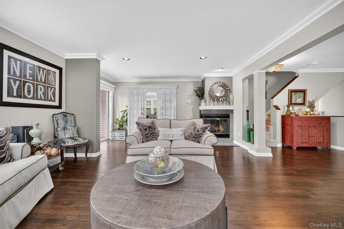 Fireplace, Interior, Living room, Recessed Lighting, Wood Texture Flooring