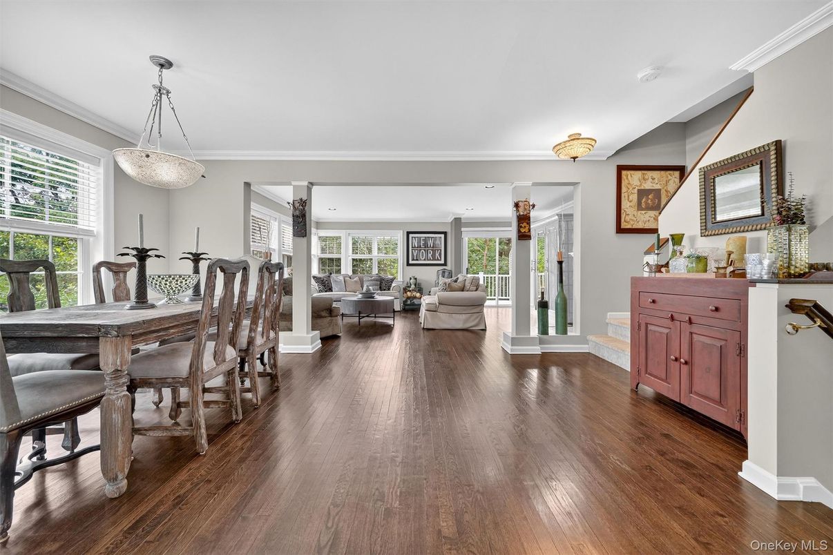 Dining room, Interior, Living room, Pendant Lights, Wood Texture Flooring