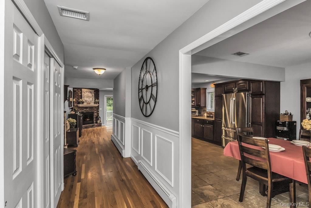 Dining room, Fireplace, Interior, Kitchen, Wood Texture Flooring