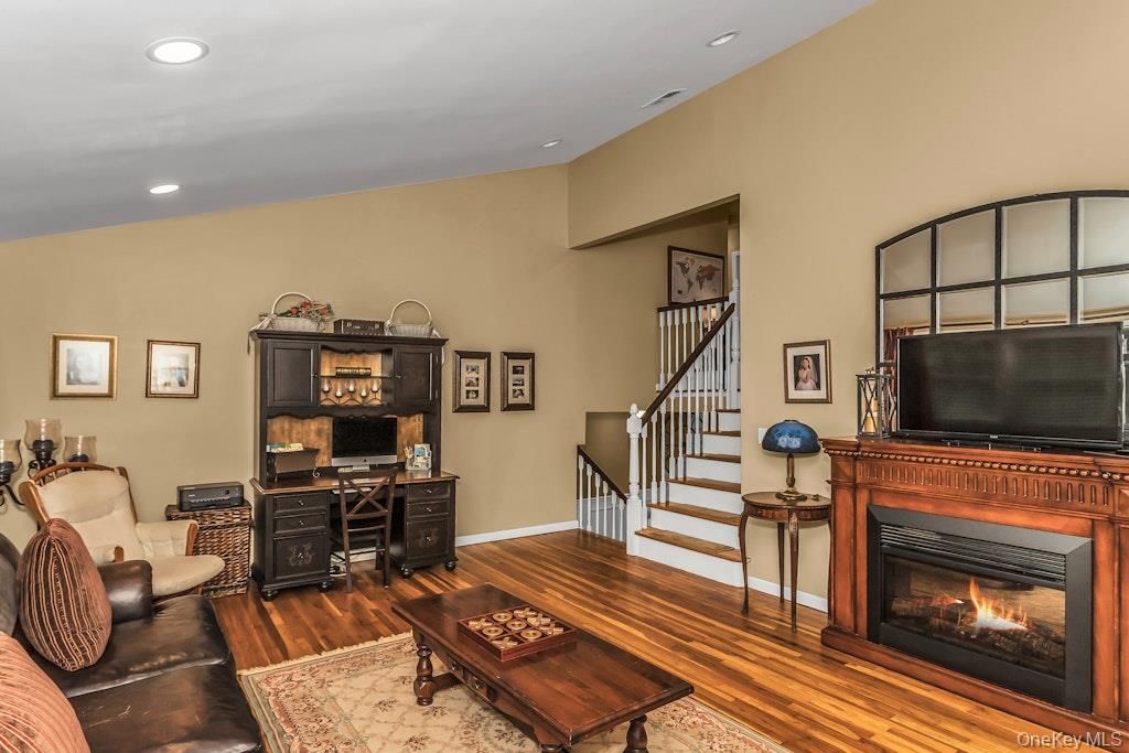 Fireplace, Home Office, Interior, Living room, Recessed Lighting, Wood Texture Flooring