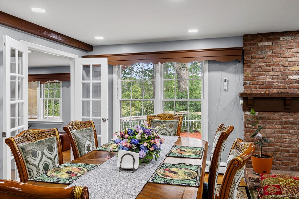 Dining room, Interior, Recessed Lighting, Stone Walls, Wooden Beams, Wood Texture Flooring
