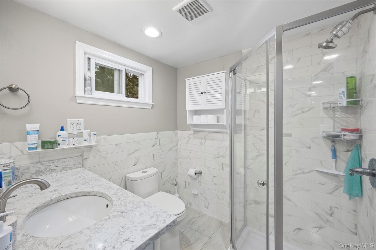 Bathroom, Glass Shower, Interior, Marble, Marble Walls, Recessed Lighting