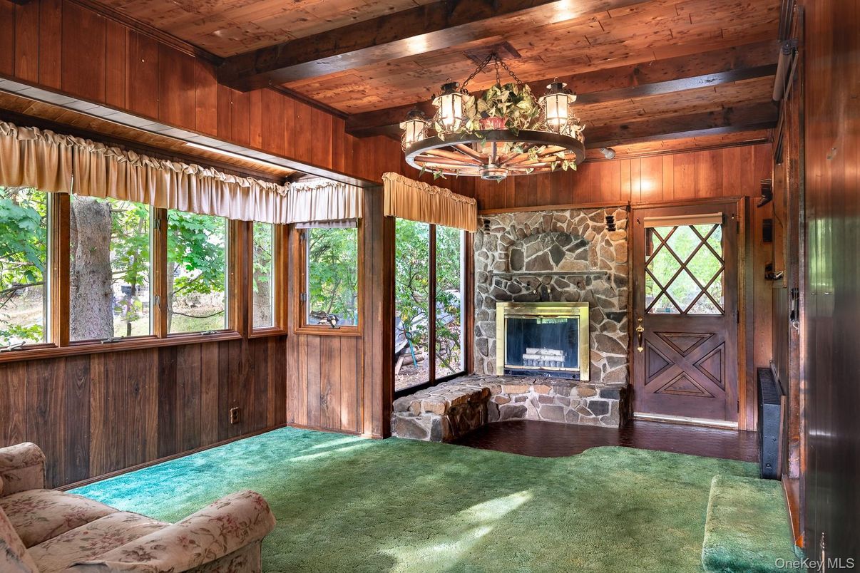 Chandelier, Fireplace, Interior, Wooden Beams, Wooden Ceilings, Wooden Walls