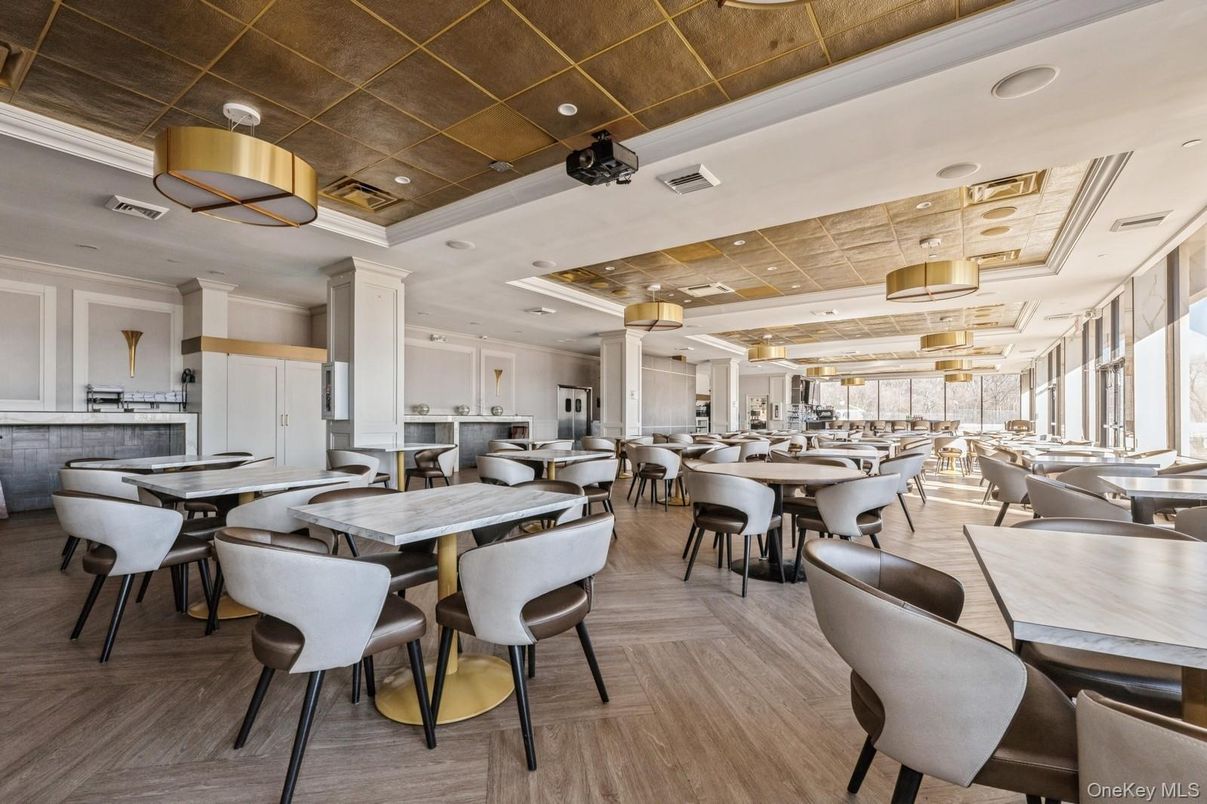Dining room, Interior, Pendant Lights, Recessed Lighting, Wood Texture Flooring