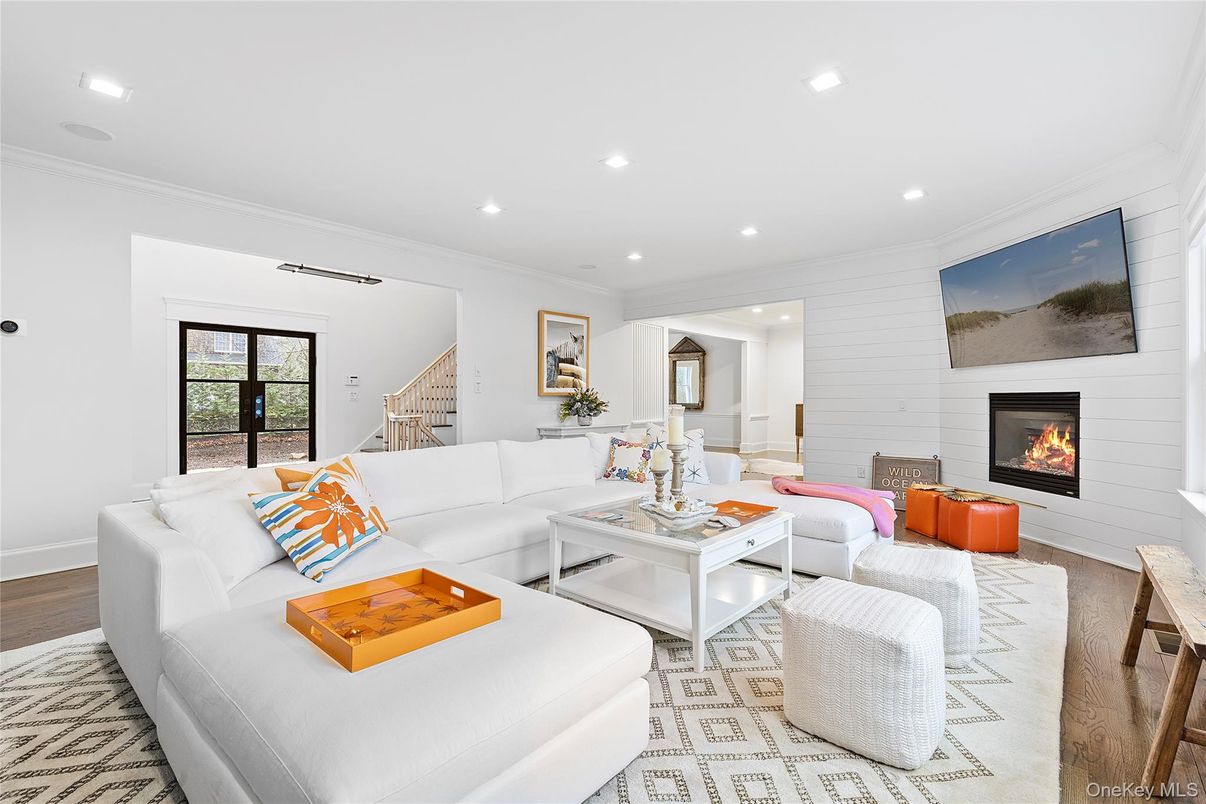 Fireplace, Interior, Living room, Recessed Lighting, Wood Texture Flooring