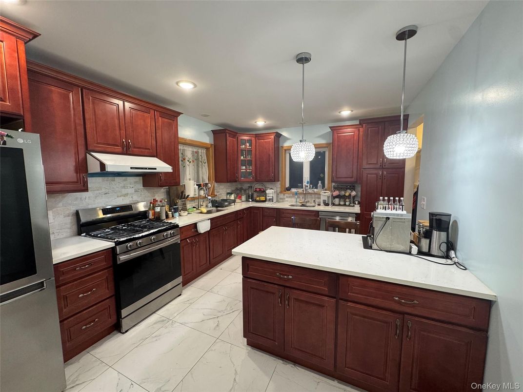 Interior, Kitchen, Marble, Pendant Lights, Recessed Lighting, Stainless Steel Appliances