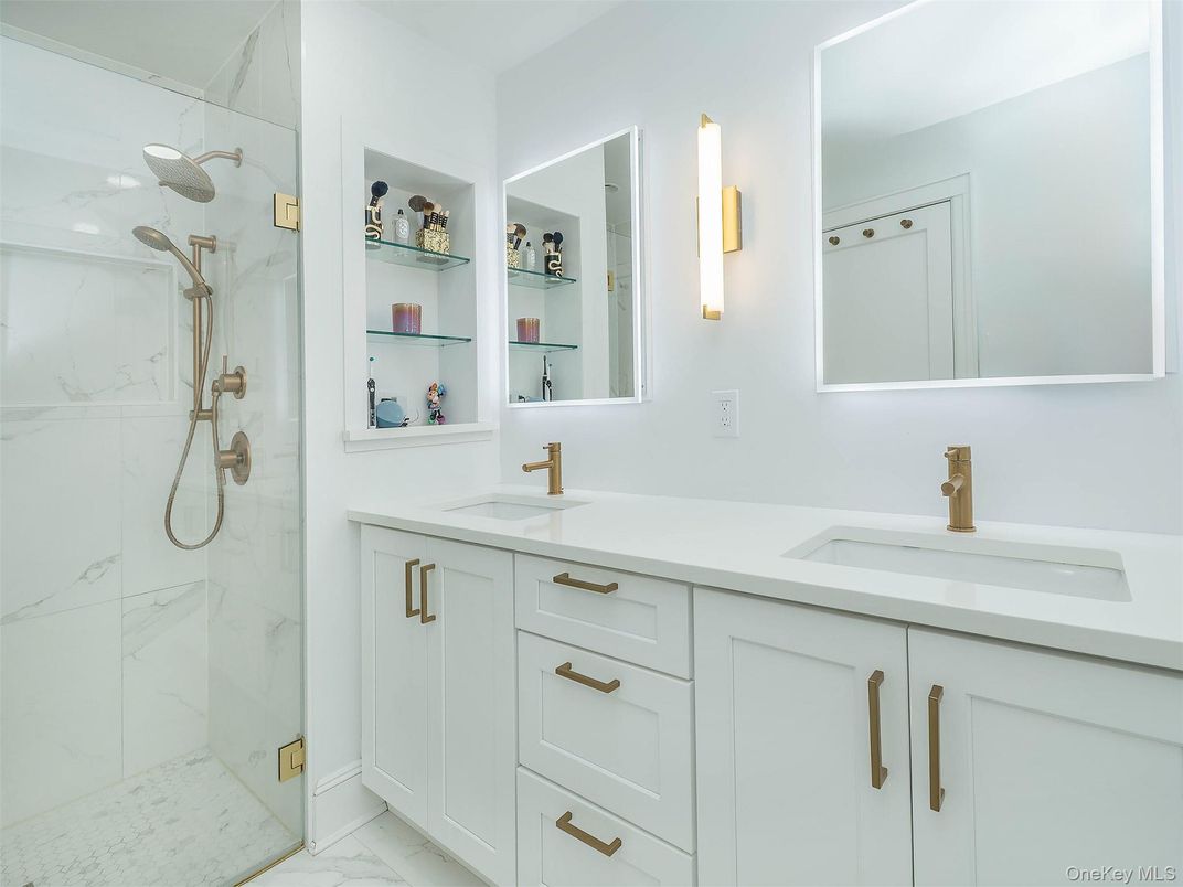 Bathroom, Dual Sink Vanities, Glass Shower, Interior, Marble, Marble Walls