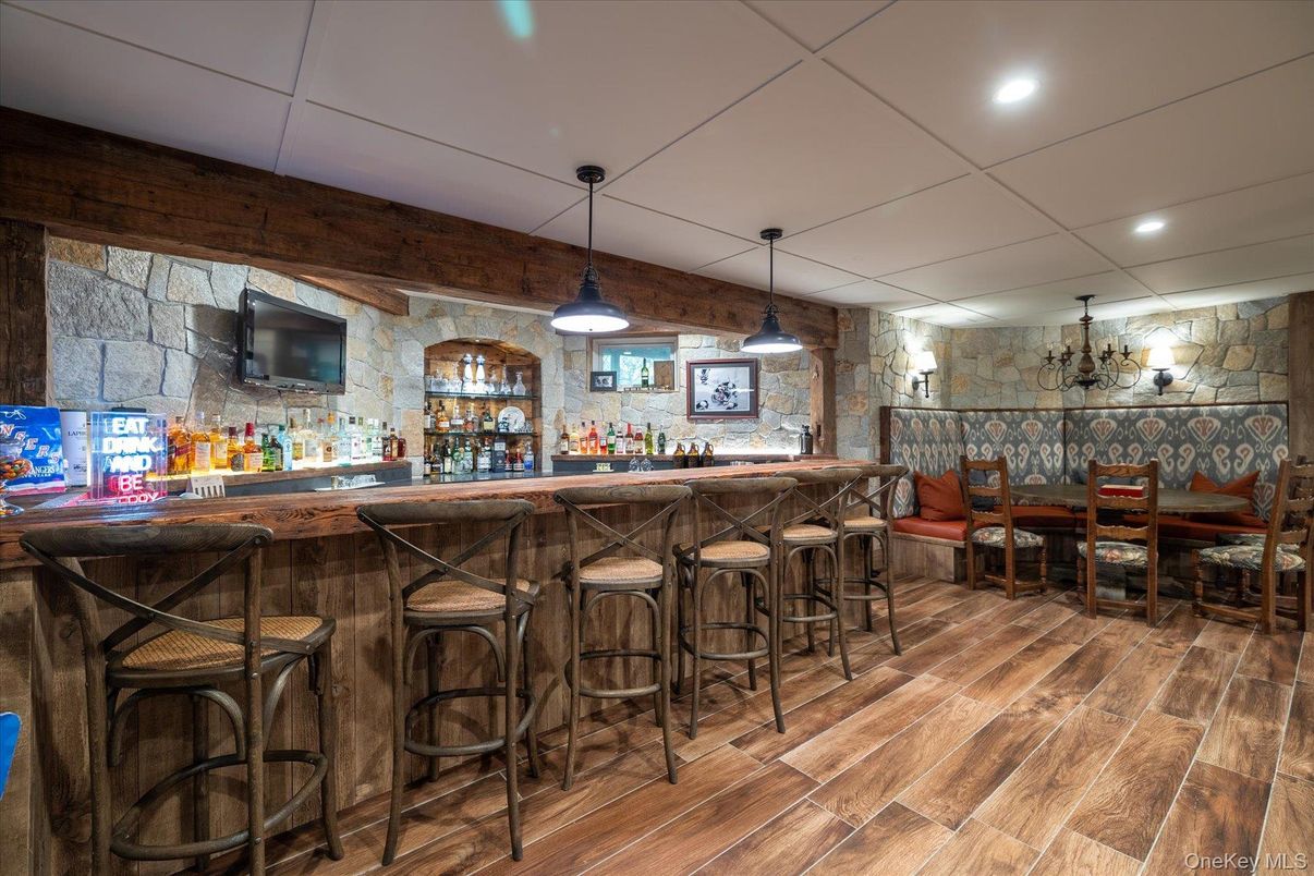 Interior, Pendant Lights, Recessed Lighting, Stone Walls, Wood Texture Flooring