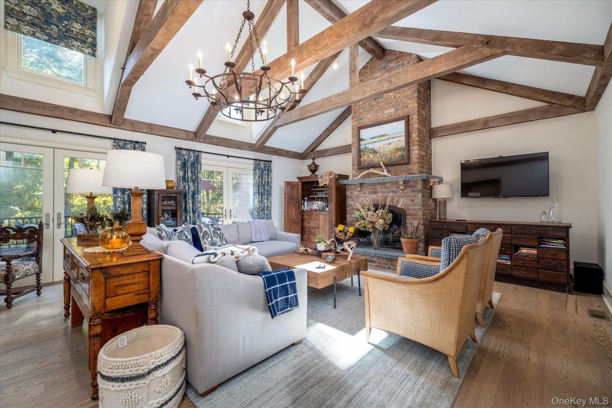 Chandelier, Fireplace, Interior, Living room, Wooden Beams, Wood Texture Flooring