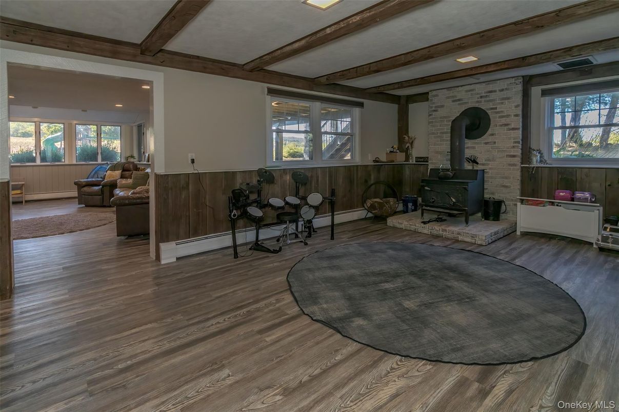 Fireplace, Interior, Recessed Lighting, Stone Walls, Wooden Beams, Wood Texture Flooring