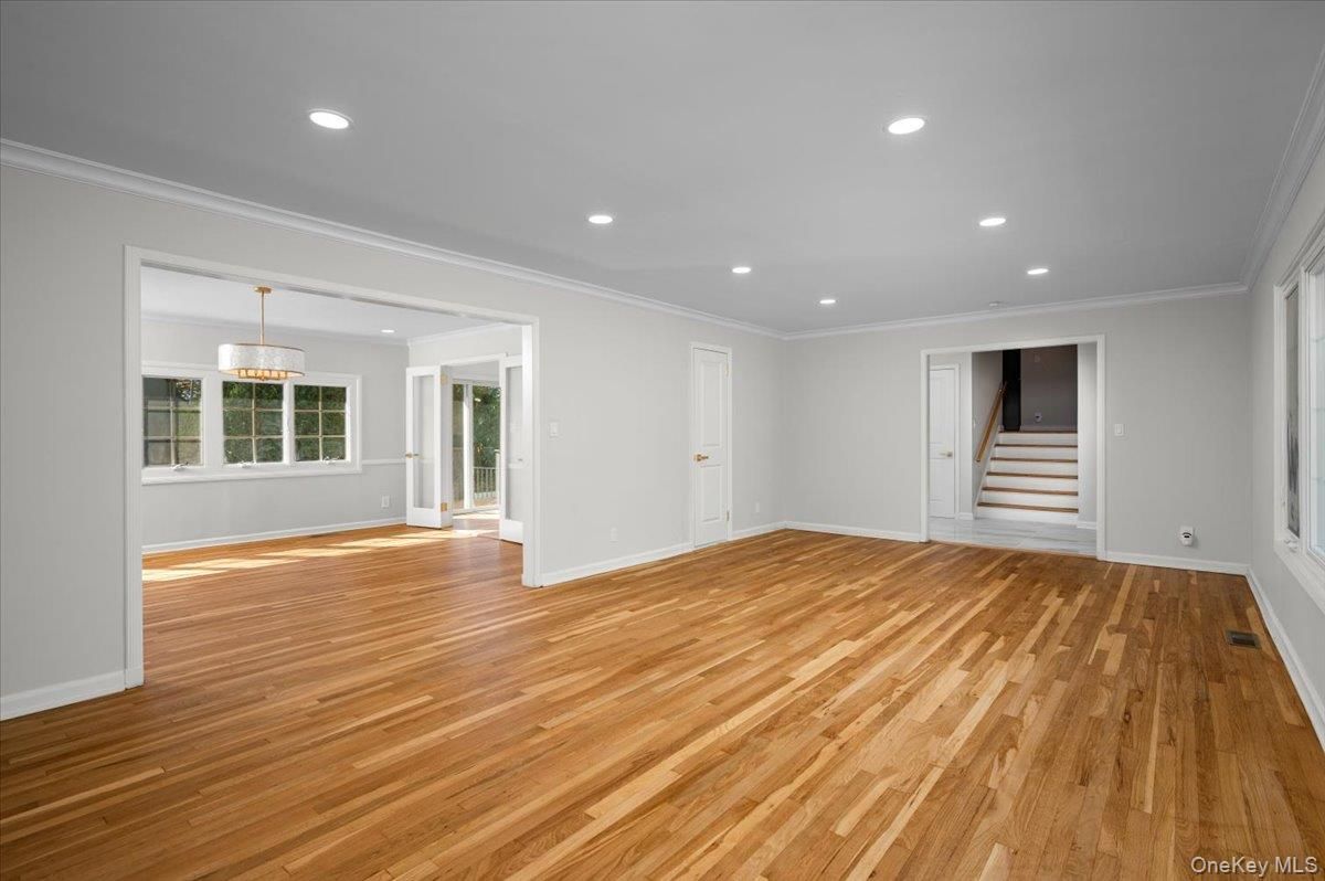 Chandelier, Empty room, Interior, Recessed Lighting, Wood Texture Flooring