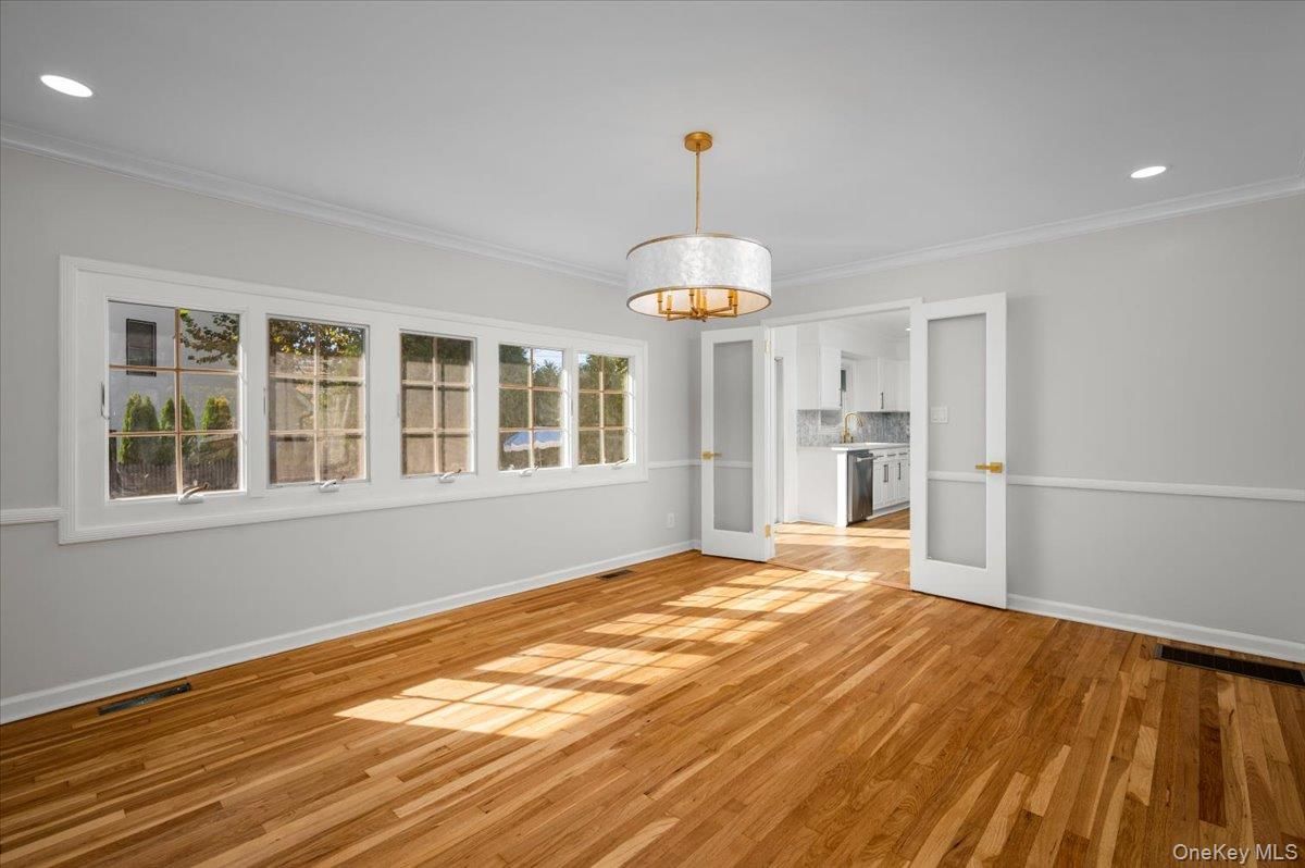Chandelier, Empty room, Interior, Recessed Lighting, Wood Texture Flooring