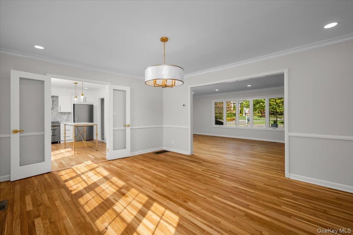 Empty room, Interior, Kitchen, Pendant Lights, Recessed Lighting, Wood Texture Flooring