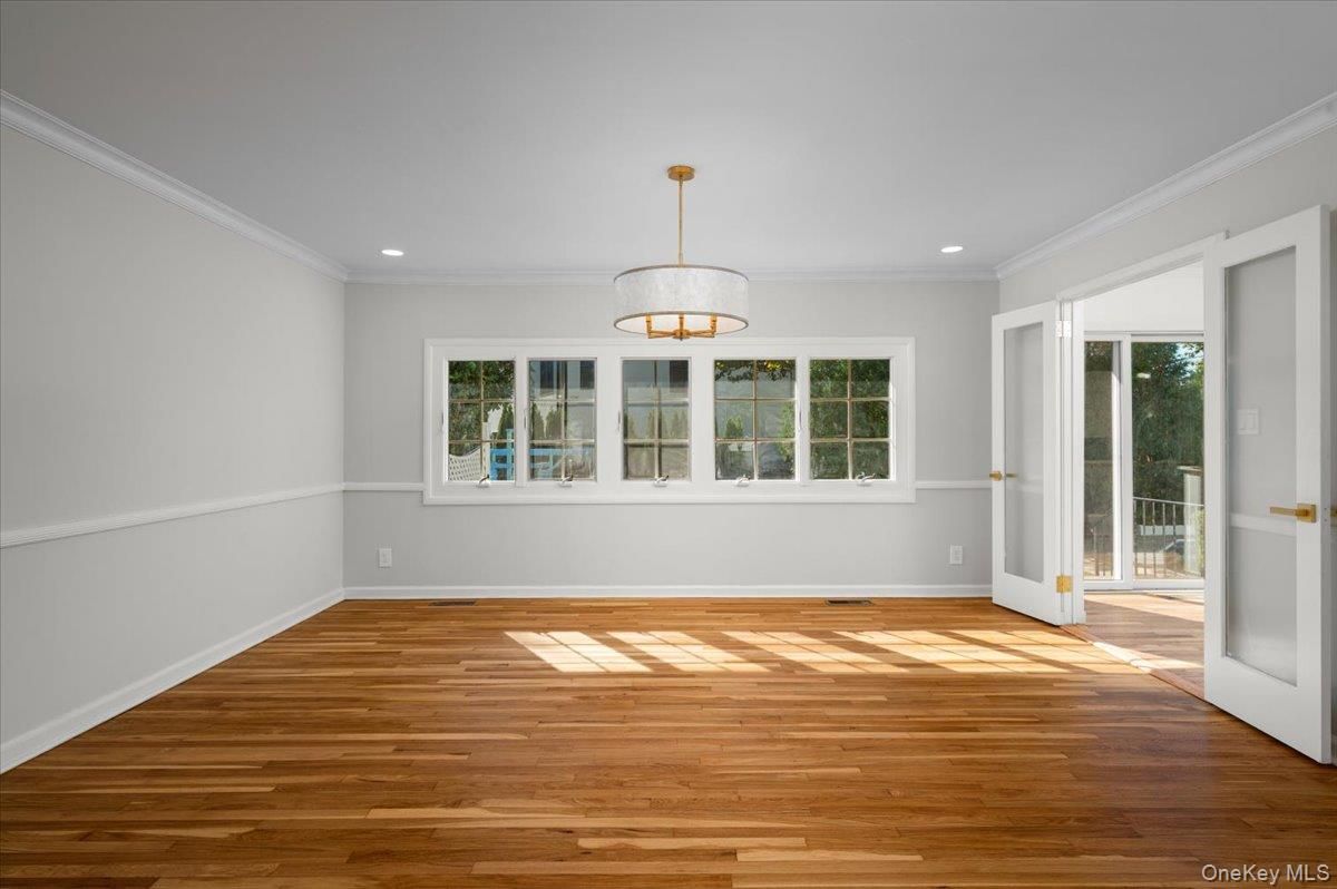 Chandelier, Empty room, Interior, Recessed Lighting, Wood Texture Flooring