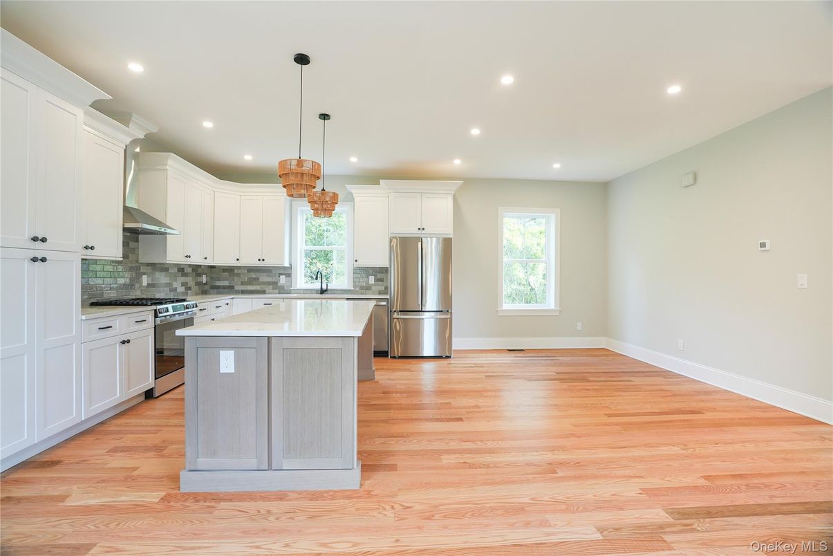 Interior, Kitchen, Pendant Lights, Recessed Lighting, Stainless Steel Appliances, Wood Texture Flooring