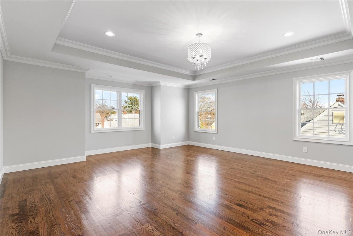 Chandelier, Empty room, Interior, Recessed Lighting, Wood Texture Flooring