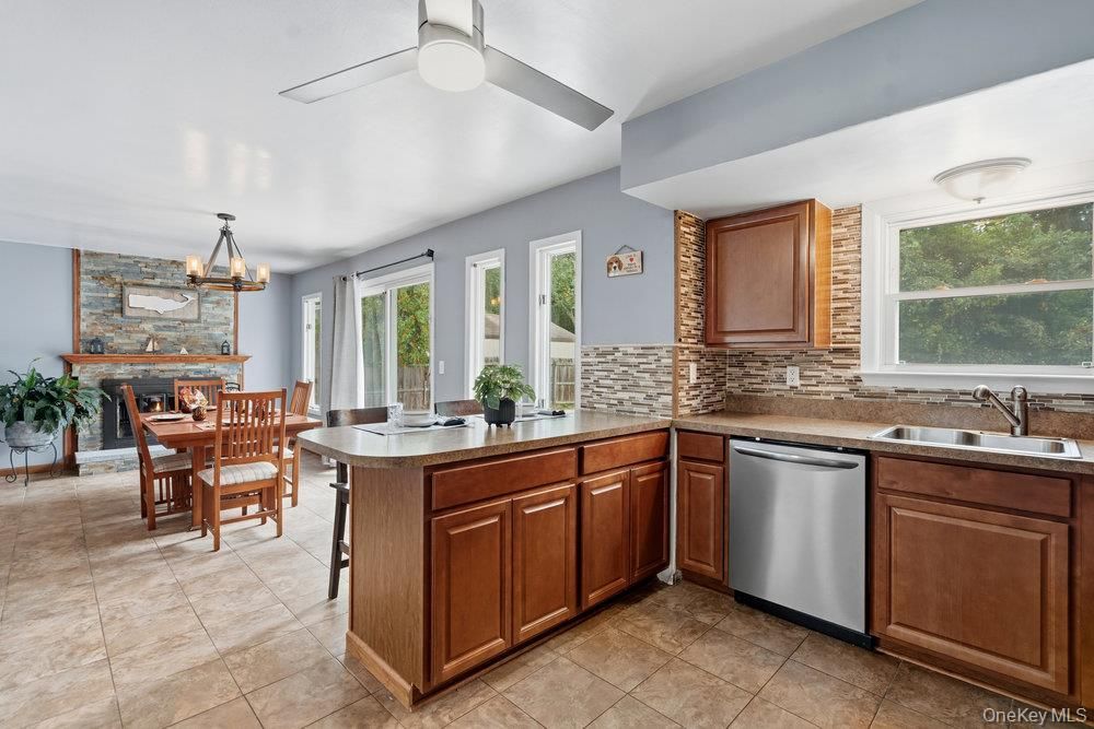 Dining room, Fireplace, Interior, Kitchen, Pendant Lights, Stone Walls