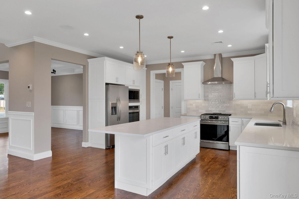 Interior, Kitchen, Pendant Lights, Recessed Lighting, Stainless Steel Appliances, Wood Texture Flooring