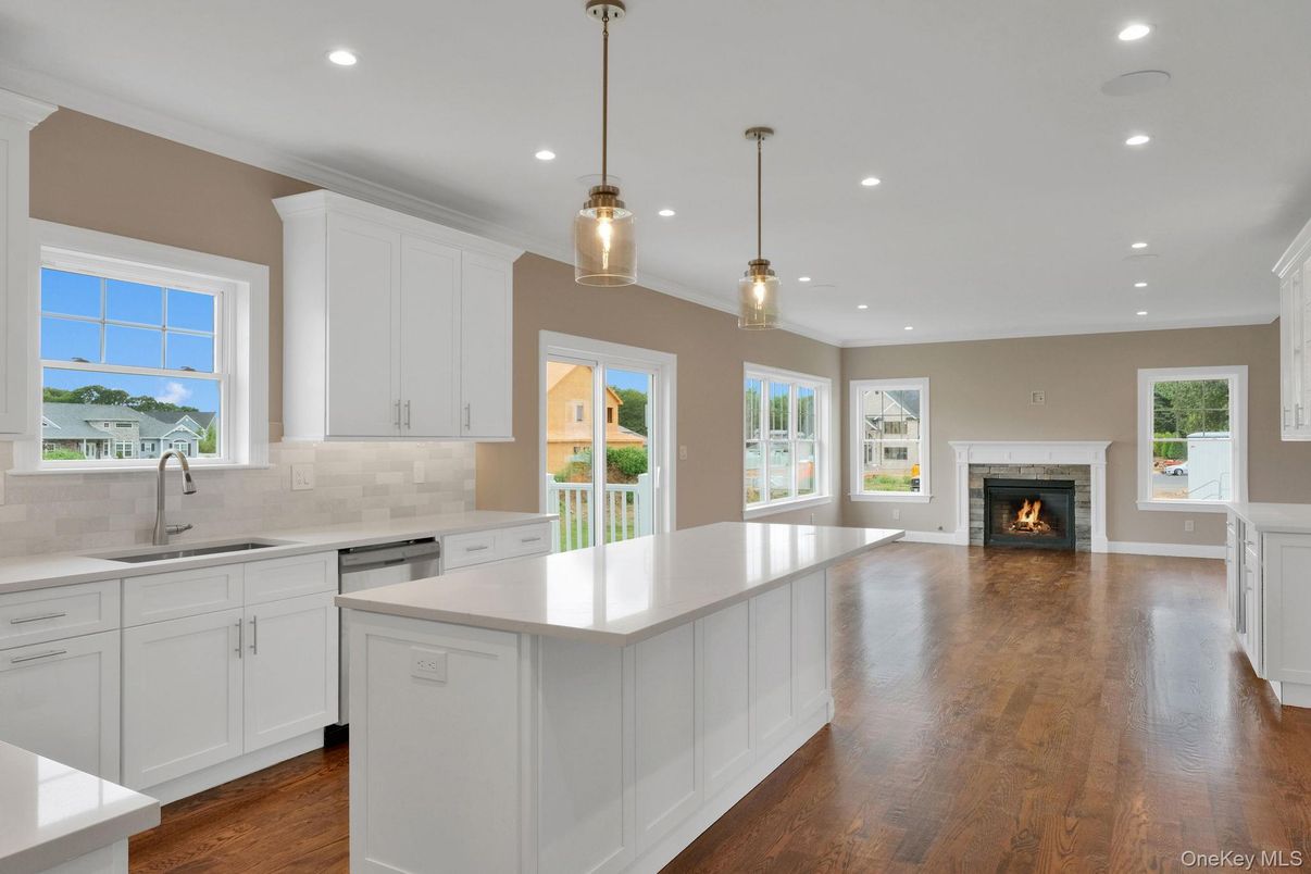 Fireplace, Interior, Kitchen, Pendant Lights, Recessed Lighting, Wood Texture Flooring