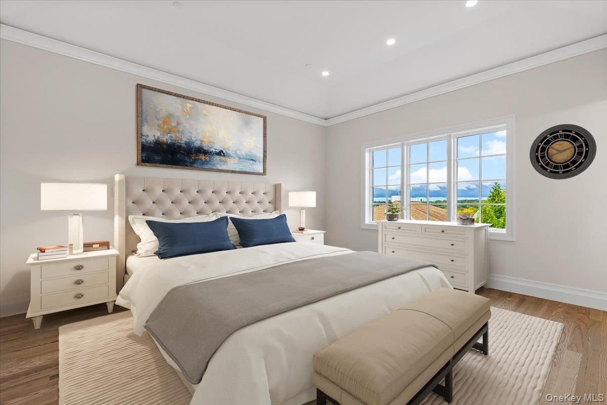 Bedroom, Interior, Recessed Lighting, Water, Wood Texture Flooring