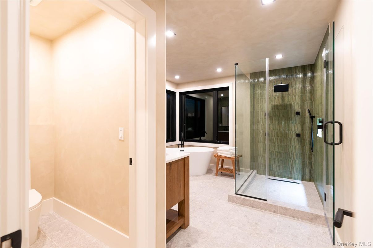 Bathroom, Free Standing Baths, Glass Shower, Interior, Recessed Lighting