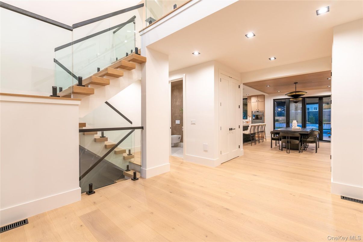 Dining room, Interior, Recessed Lighting, Wood Texture Flooring