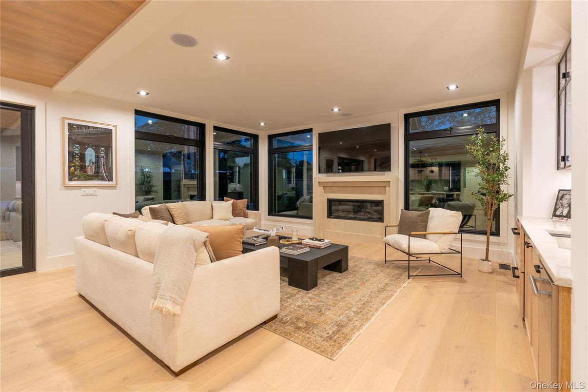 Fireplace, Interior, Living room, Recessed Lighting, Wooden Ceilings, Wood Texture Flooring