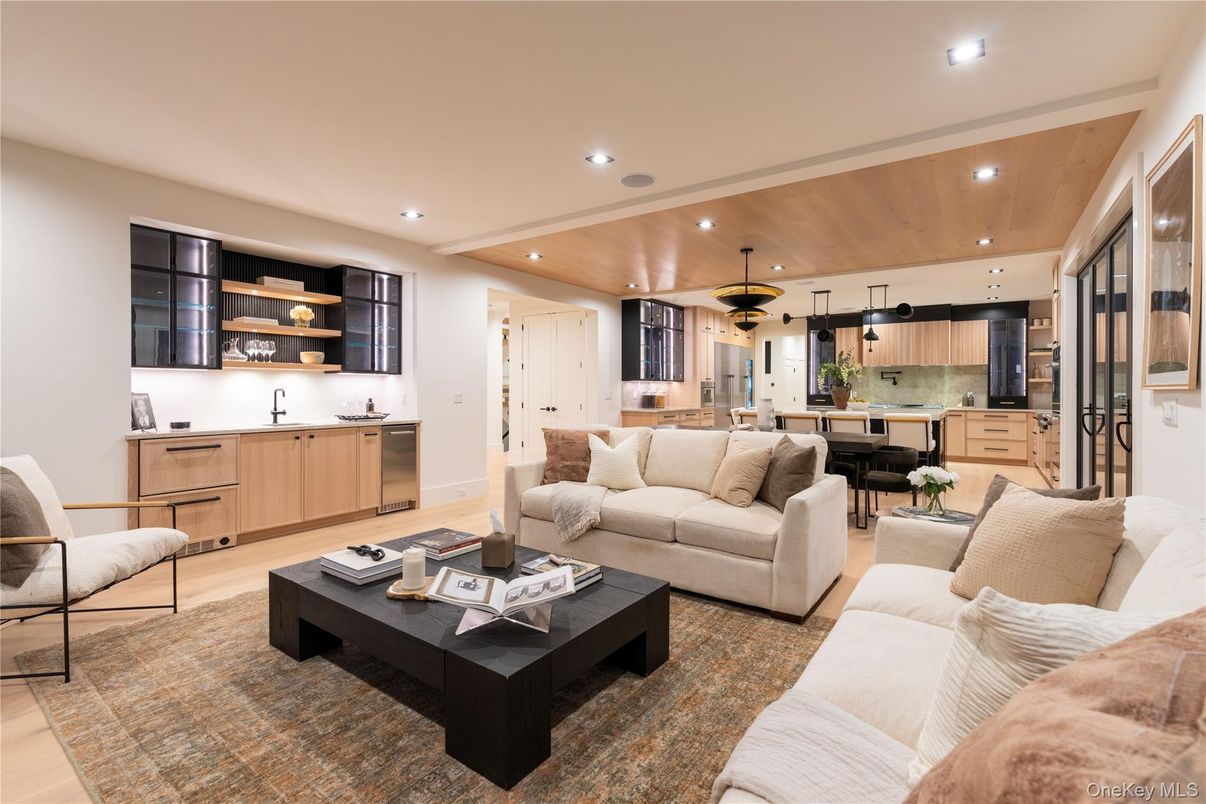 Dining room, Interior, Kitchen, Living room, Pendant Lights, Recessed Lighting, Stainless Steel Appliances, Wooden Ceilings, Wood Texture Flooring