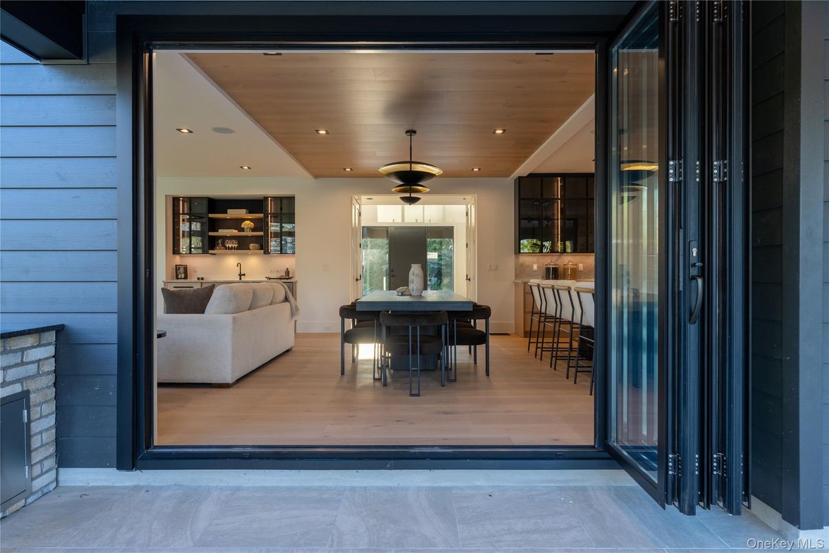 Dining room, Fireplace, Interior, Recessed Lighting, Wooden Ceilings, Wood Texture Flooring