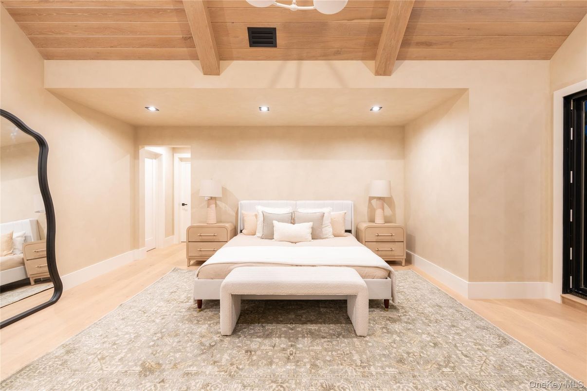 Bedroom, Interior, Recessed Lighting, Wooden Beams, Wooden Ceilings, Wood Texture Flooring