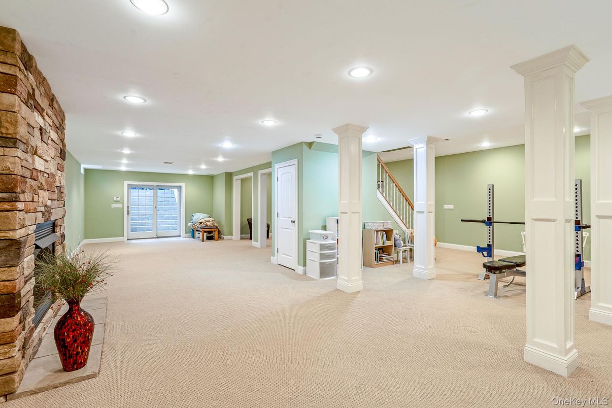 Fireplace, Interior, Recessed Lighting, Stone Walls