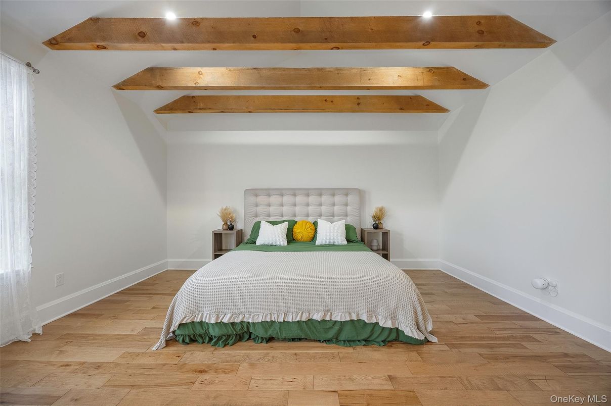 Bedroom, Interior, Recessed Lighting, Wooden Beams, Wood Texture Flooring