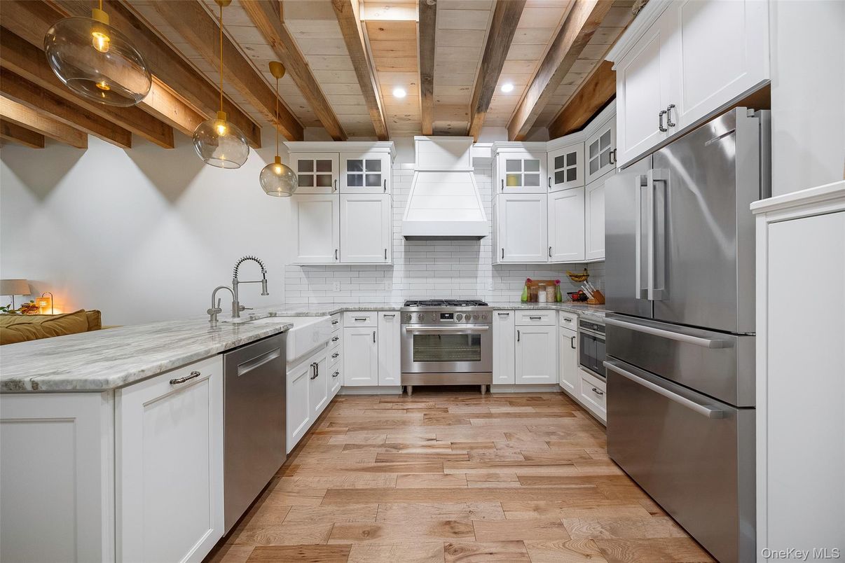 Interior, Kitchen, Recessed Lighting, Stainless Steel Appliances, Wooden Beams, Wooden Ceilings, Wood Texture Flooring
