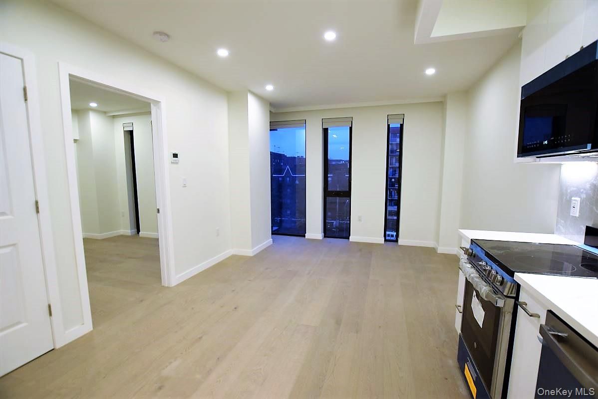 Empty room, Interior, Kitchen, Recessed Lighting, Wood Texture Flooring