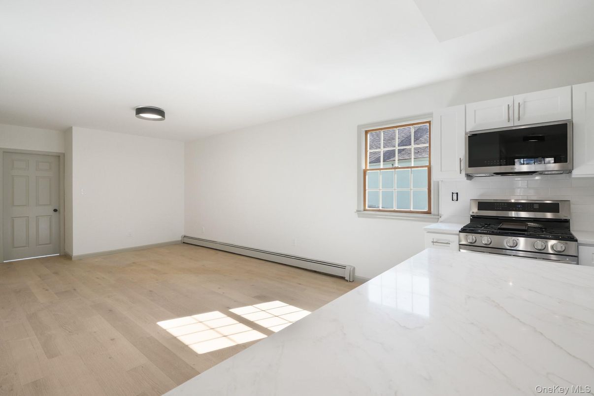 Empty room, Interior, Kitchen, Stainless Steel Appliances, Wood Texture Flooring