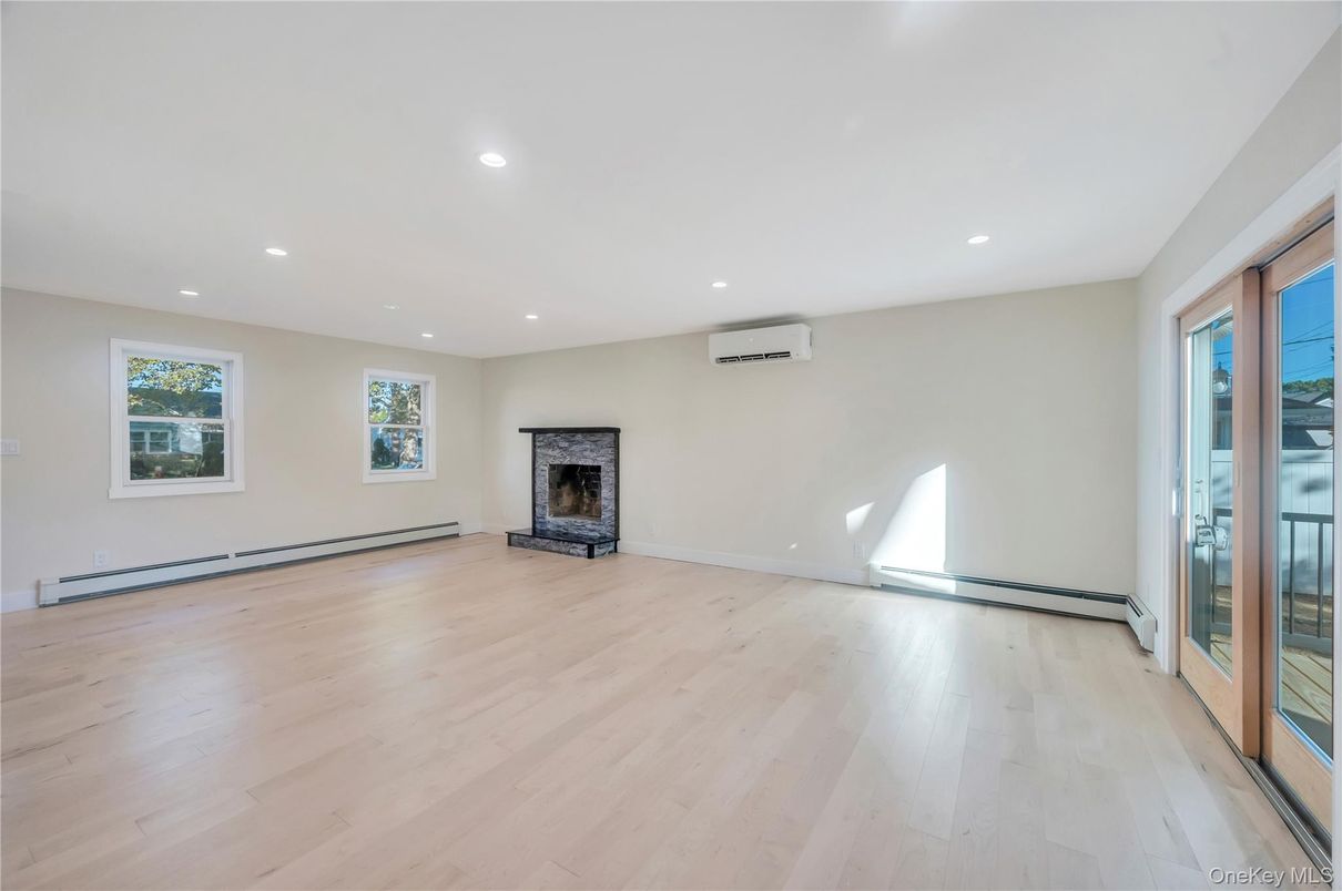 Empty room, Fireplace, Interior, Recessed Lighting, Wood Texture Flooring