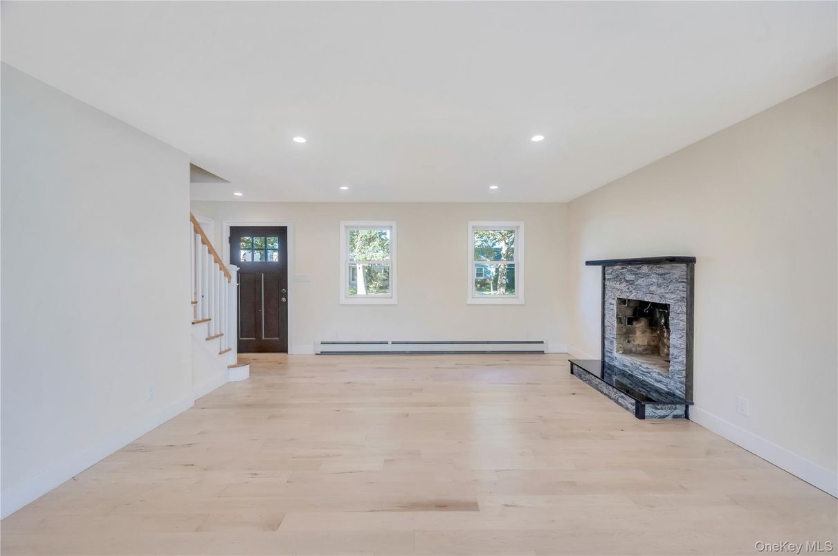 Empty room, Fireplace, Interior, Recessed Lighting, Wood Texture Flooring