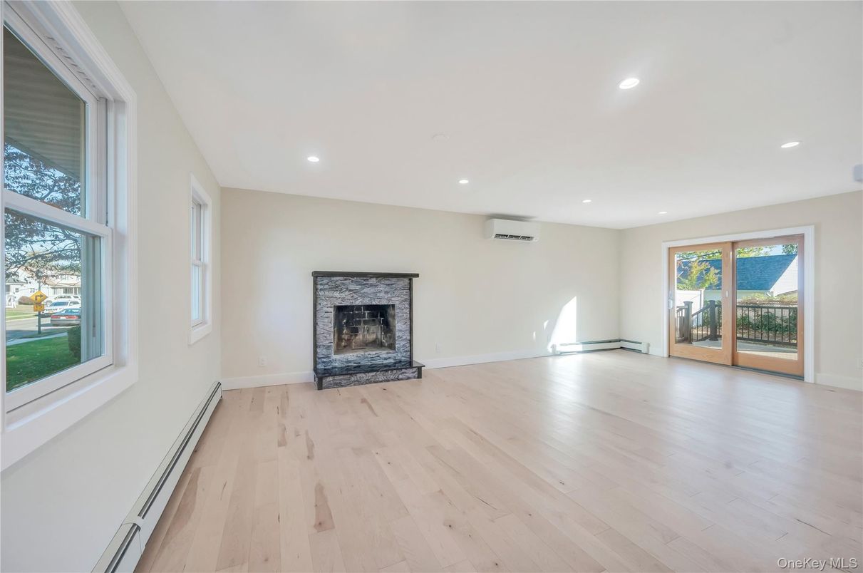 Empty room, Fireplace, Interior, Recessed Lighting, Wood Texture Flooring