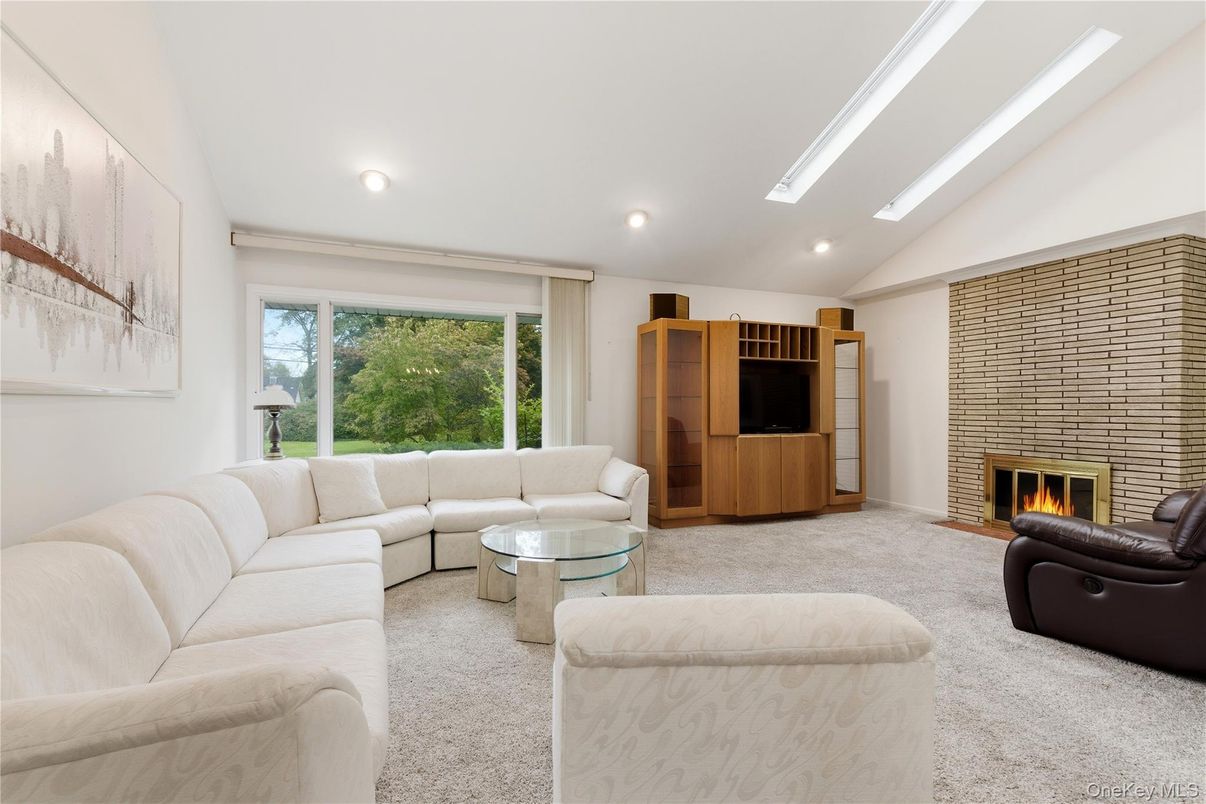 Fireplace, Interior, Living room, Recessed Lighting, Stone Walls