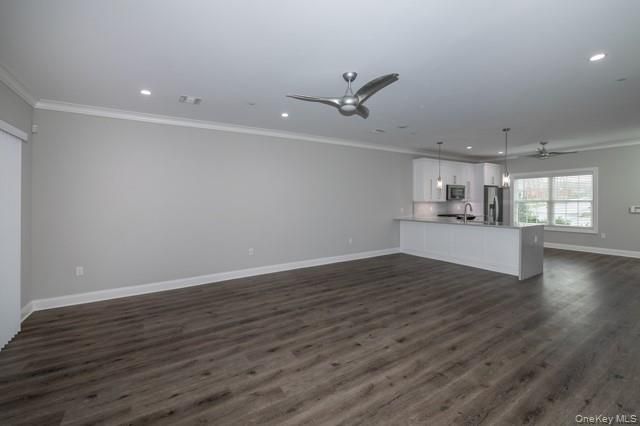 Empty room, Interior, Kitchen, Pendant Lights, Recessed Lighting, Wood Texture Flooring