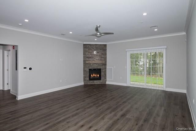 Empty room, Fireplace, Interior, Recessed Lighting, Wood Texture Flooring