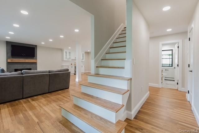 Fireplace, Interior, Living room, Recessed Lighting, Wood Texture Flooring