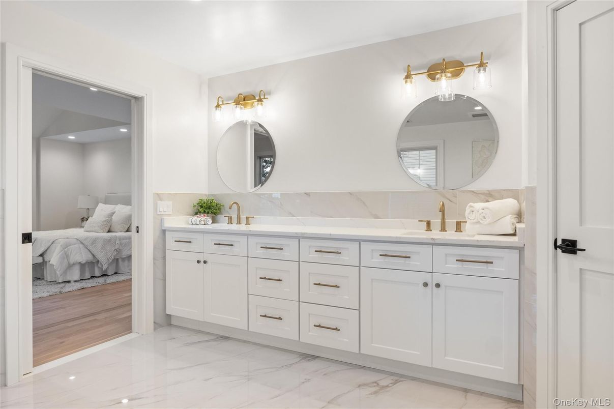 Bathroom, Bedroom, Dual Sink Vanities, Interior, Marble, Recessed Lighting, Wood Texture Flooring