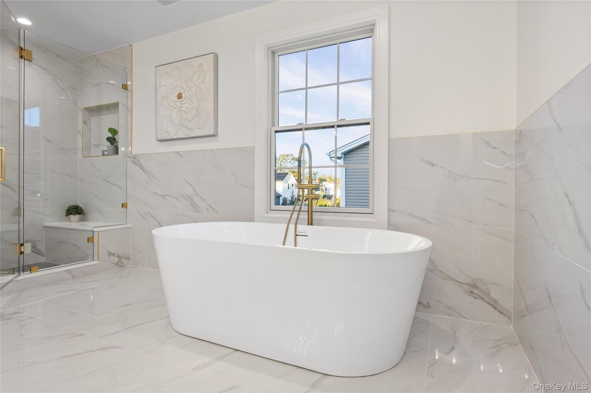 Bathroom, Free Standing Baths, Glass Shower, Interior, Marble, Marble Walls
