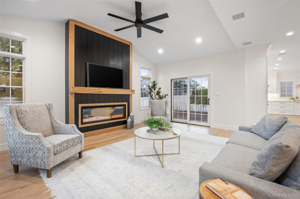 Fireplace, Interior, Living room, Recessed Lighting, Wood Texture Flooring