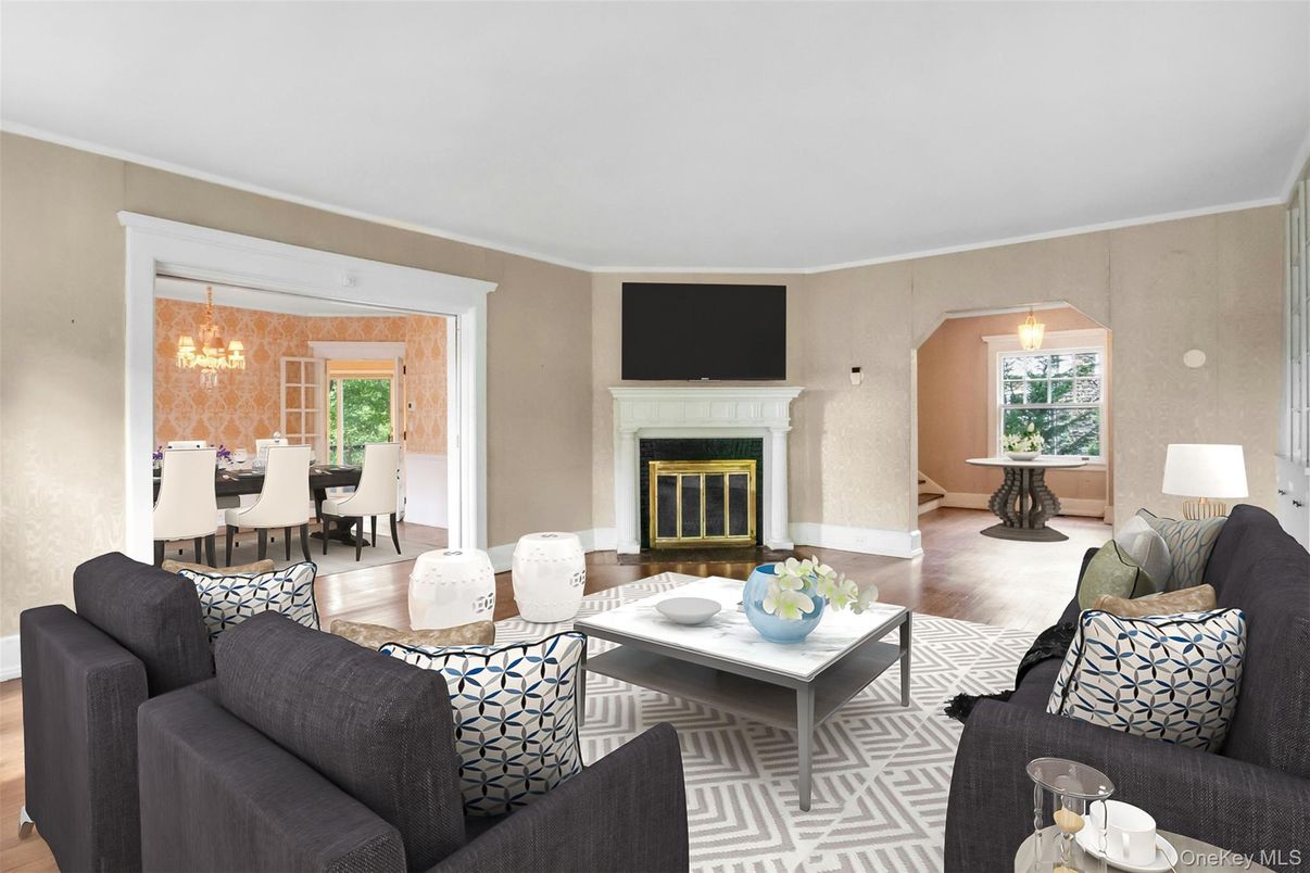 Chandelier, Dining room, Fireplace, Interior, Living room, Pendant Lights, Wood Texture Flooring