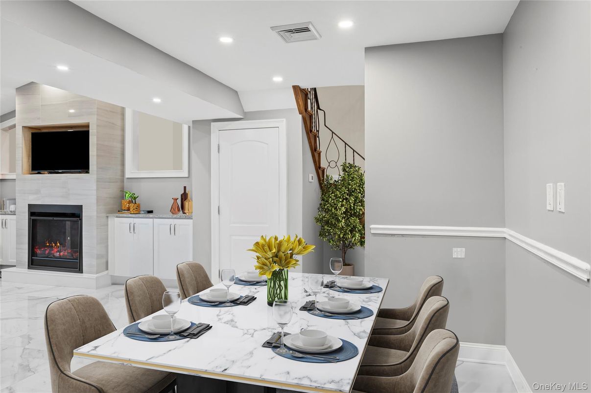 Dining room, Fireplace, Interior, Marble, Recessed Lighting