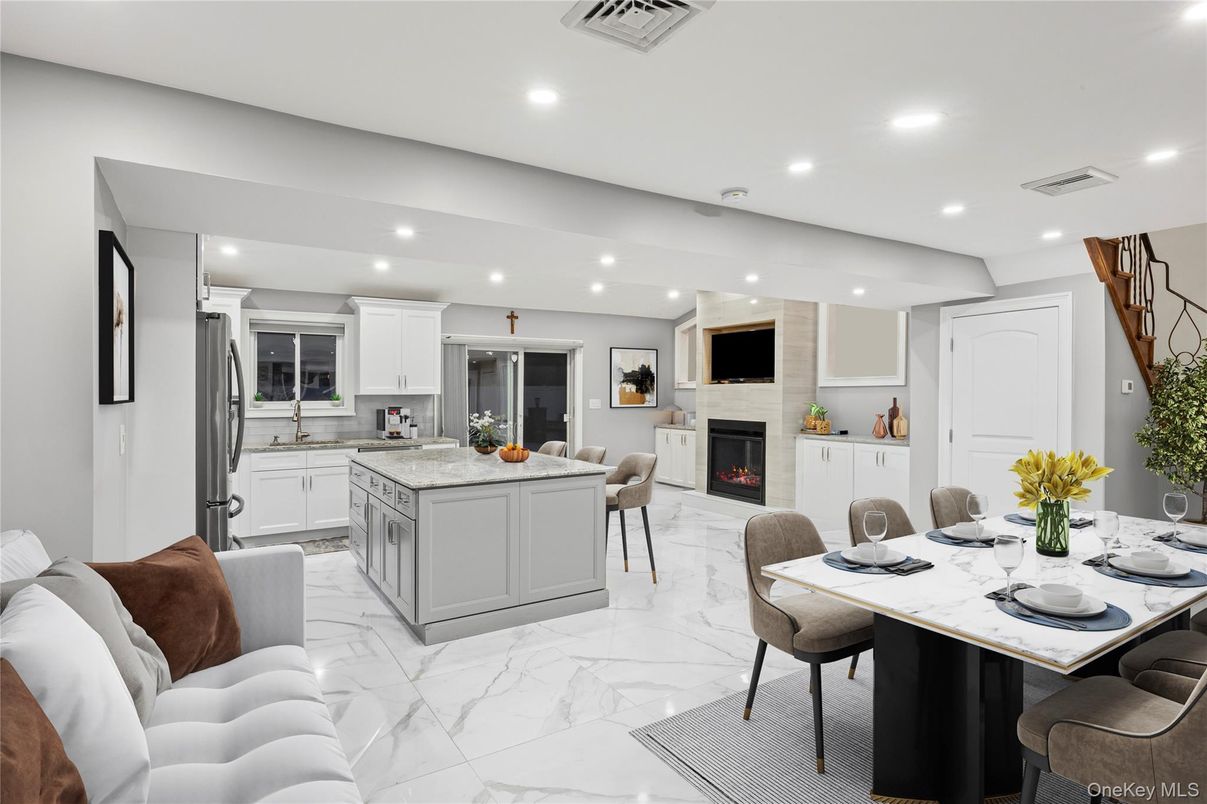 Dining room, Fireplace, Interior, Kitchen, Living room, Marble, Recessed Lighting