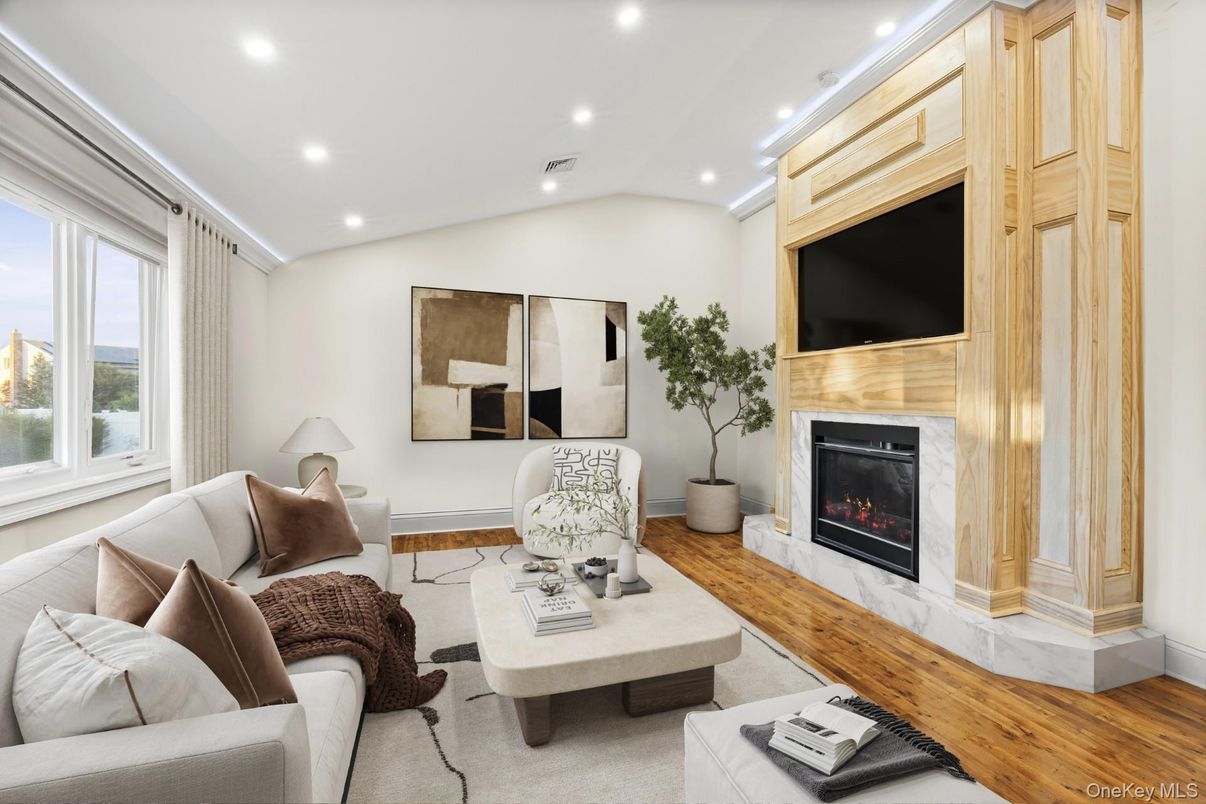 Fireplace, Interior, Living room, Recessed Lighting, Wood Texture Flooring