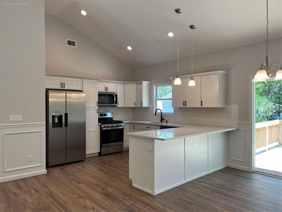 Interior, Kitchen, Pendant Lights, Recessed Lighting, Stainless Steel Appliances, Wood Texture Flooring